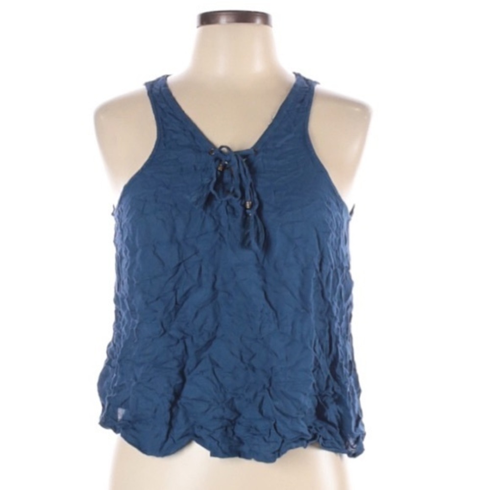 Aeropostale size L blue BOHO lace up front w tassel tie sleeveless A-line blouse